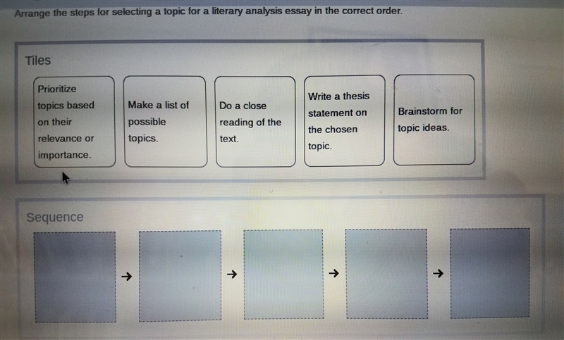 Arrange the steps for slecting a topic for a literary analysis essay into the correct-example-1