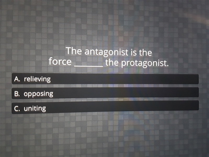 The antagonist is the force ____ the protagonist.-example-1