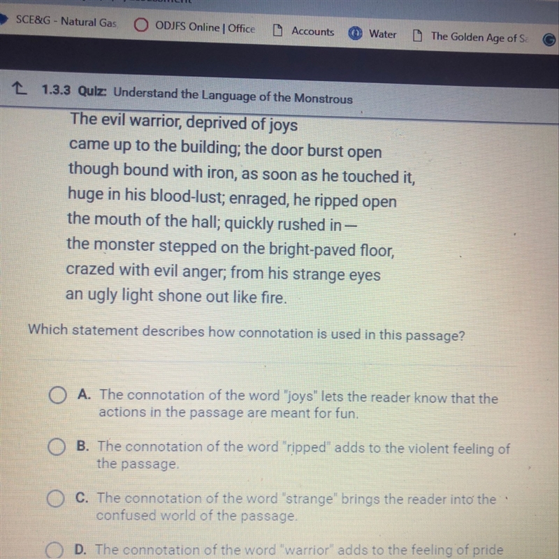 Which statement describes how connotation is used in this passage?-example-1