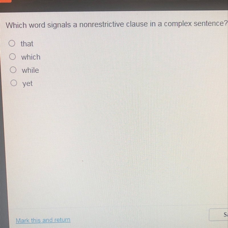 Which word signals a nonrestrictive clause in a complex sentence?-example-1