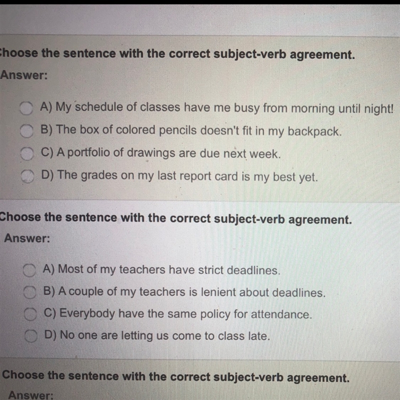 Choose the sentence with the correct subject verb agreement.-example-1