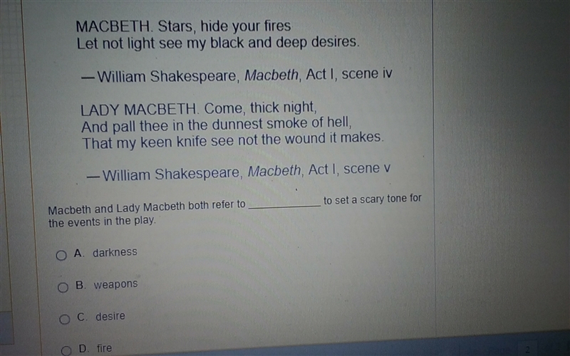 Macbeth and lady macbeth both refer to ____ to set a scary tone the events in the-example-1