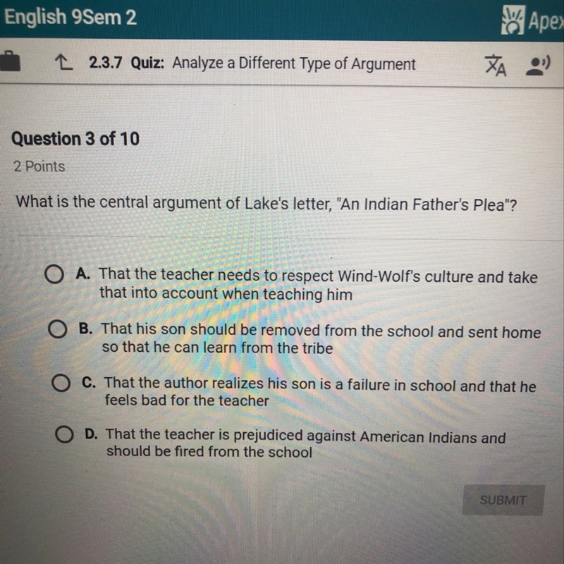 What is the central argument of lake’s letter, “an Indian father’s plea”?-example-1