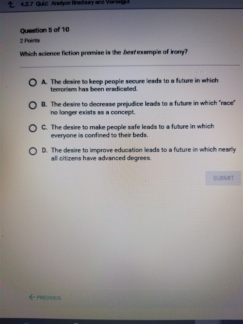 Which science fiction premise is that best example of example irony?-example-1