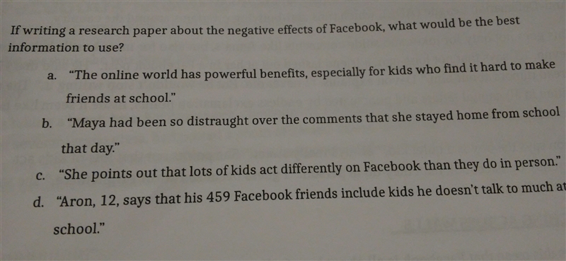 If writing a research paper about the negative effects of facebook, what would be-example-1