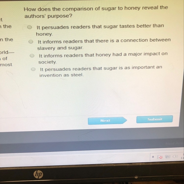 How does the comparison of sugar to honey reveal the authors purpose?-example-1