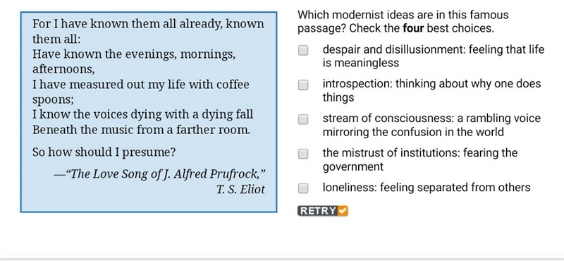 Which modernist ideas are in this famous passage? Check the four best choices.-example-1