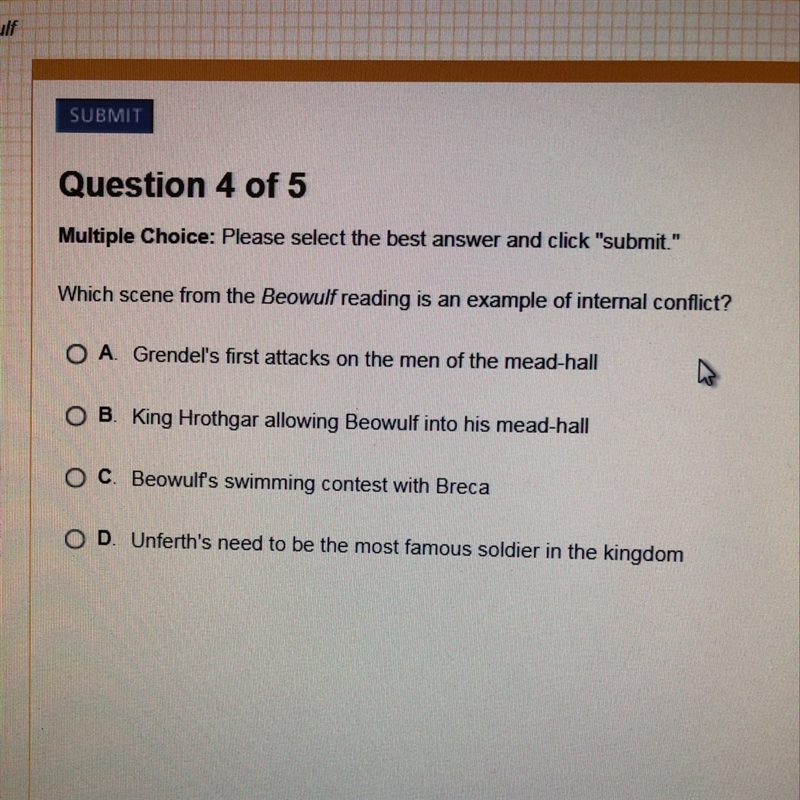 Which scene from the Beowulf reading is an example for internal conflict ?-example-1