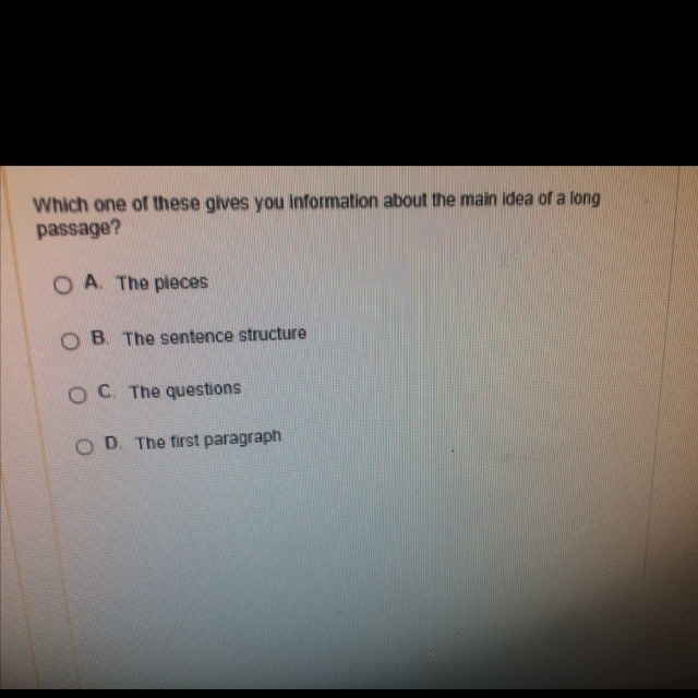 Which one of these gives you info about the main idea of a long passage?-example-1