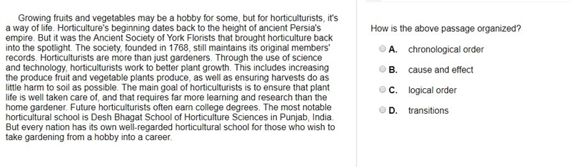 How is the above passage organized? A. chronological order B. cause and effect C. logical-example-1
