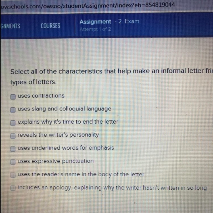 Select all of the characteristics that help make an informal letter friendlier and-example-1