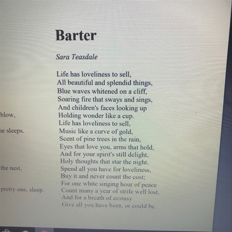 PLeASE HELP Me!!! Which is the clearest example of alliteration in “Barter”? 1) “holding-example-1