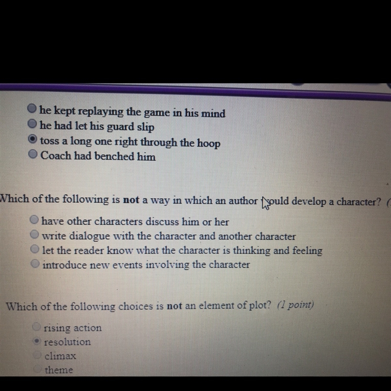 Which of the following is not a way in which an author would develop a character?-example-1