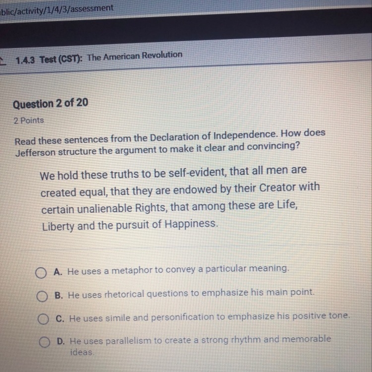 How does Jefferson structure the argument to make it clear and convincing-example-1