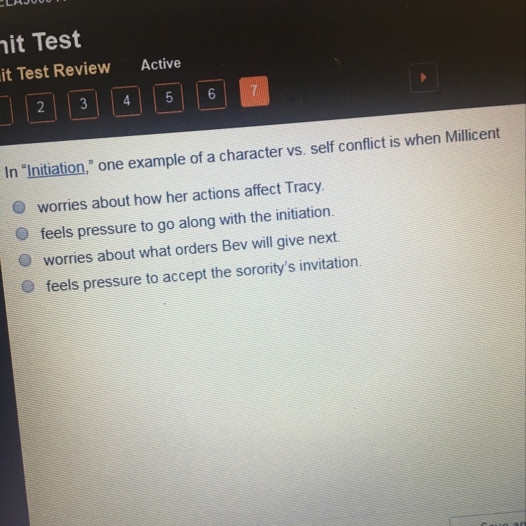 In “initiation” on example of a character vs. self conflict is when Millicent-example-1