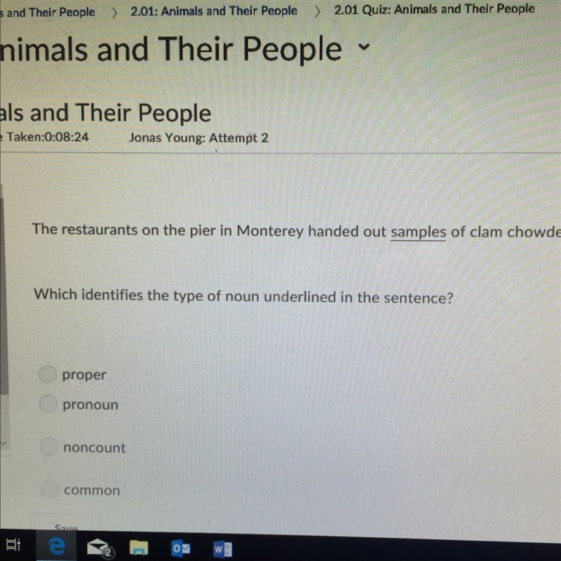 What types of noun is samples? A) Proper B) Pronoun C) Non count D) Common-example-1