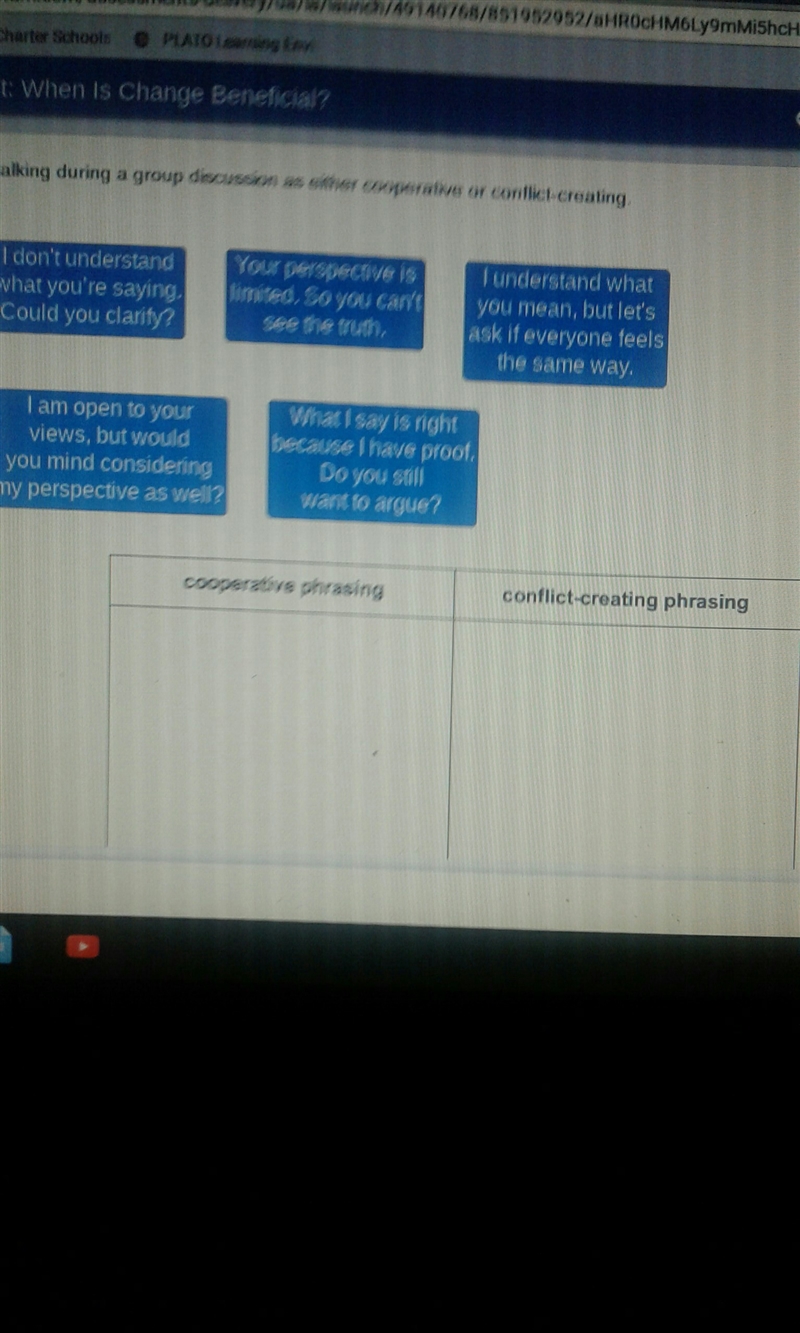 Identify the ways of talking during a group discussion as either cooperative or conflict-example-1