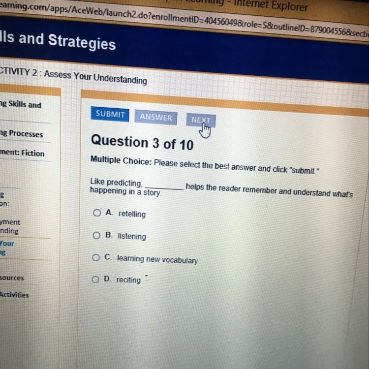 Like predicting __________ helps the reader remember and understand what's happening-example-1