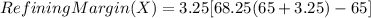 Refining Margin (X) = 3.25 [68.25 (65+3.25) - 65]