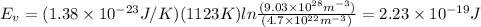 E_(v)=(1.38* 10^(-23) J/K)(1123 K)ln((9.03* 10^(28) m^(-3)))/((4.7* 10^(22)m^(-3)))=2.23* 10^(-19)J