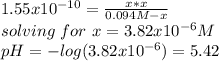 1.55x10^(-10)=(x*x)/(0.094M-x) \\solving\ &nbsp; for\ x=3.82x10^(-6)M\\pH=-log(3.82x10^(-6))=5.42