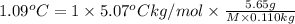 1.09^oC=1* 5.07^oC kg/mol* (5.65 g)/(M* 0.110 kg)