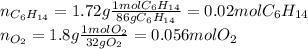 n_{C_6H_(14)}=1.72g(1molC_6H_(14))/(86gC_6H_(14))=0.02molC_6H_(14)\\n_(O_2)=1.8g(1molO_2)/(32gO_2)=0.056molO_2