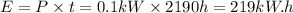 E=P* t=0.1 kW* 2190 h=219 kW.h