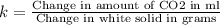 k=\frac{\text{Change in amount of CO2 in ml}}{\text{Change in white solid in grams}}