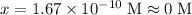 x = 1.67 * 10^(-10) \; \text{M} \approx 0 \; \text{M}