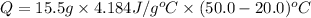 Q=15.5g* 4.184J/g^oC* (50.0-20.0)^oC