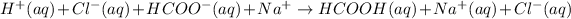 H^(+)(aq) + Cl^(-)(aq) + HCOO^(-)(aq) + Na^(+) \rightarrow HCOOH(aq) + Na^(+)(aq) + Cl^(-)(aq)