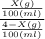 ((X(g))/(100(ml)) )/((4-X(g))/(100(ml)) )