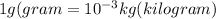 1 g (gram=10^(-3)kg (kilogram)