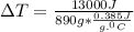 \Delta T=(13000J)/(890g*(0.385J)/(g.^0C))