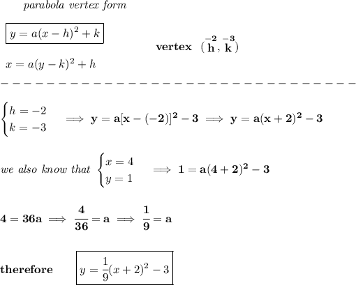 \bf ~~~~~~\textit{parabola vertex form} \\\\ \begin{array}{llll} \boxed{y=a(x- h)^2+ k}\\\\ x=a(y- k)^2+ h \end{array} \qquad\qquad vertex~~(\stackrel{-2}{ h},\stackrel{-3}{ k})\\\\ -------------------------------\\\\ \begin{cases} h=-2\\ k=-3 \end{cases}\implies y=a[x-(-2)]^2-3\implies y=a(x+2)^2-3 \\\\\\ \textit{we also know that } \begin{cases} x=4\\ y=1 \end{cases}\implies 1=a(4+2)^2-3 \\\\\\ 4=36a\implies \cfrac{4}{36}=a\implies \cfrac{1}{9}=a \\\\\\ therefore\qquad \boxed{y=\cfrac{1}{9}(x+2)^2-3}