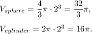 V_(sphere)=(4)/(3)\pi\cdot 2^3=(32)/(3)\pi,\\ \\V_(cylinder)=2\pi \cdot 2^3=16\pi.