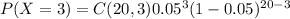 P(X=3)=C(20,3)0.05^3(1-0.05)^(20-3)