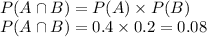 \\ &nbsp; P(A\cap B)=P(A)* P(B)\\ &nbsp; P(A\cap B)= 0.4* 0.2= 0.08\\