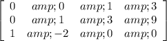 \left[\begin{array}{cccc}0&amp;0&amp;1&amp;3\\0&amp;1&amp;3&amp;9\\1&amp;-2&amp;0&amp;0\end{array}\right]