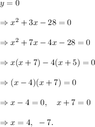 y=0\\\\\Rightarrow x^2+3x-28=0\\\\\Rightarrow x^2+7x-4x-28=0\\\\\Rightarrow x(x+7)-4(x+5)=0\\\\\Rightarrow (x-4)(x+7)=0\\\\\Rightarrow x-4=0,~~~x+7=0\\\\\Rightarrow x=4,~-7.