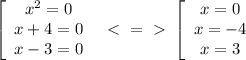 \left[\begin{array}{ccc}x^2=0\\x+4=0\\x-3=0\end{array}\right \ \ \textless \ =\ \textgreater \ \left[\begin{array}{ccc}x=0\\x=-4\\x=3\end{array}\right