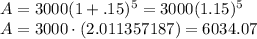 A=3000(1+.15)^(5)=3000(1.15)^(5)\\ A=3000\cdot (2.011357187)=6034.07