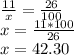 (11)/(x) =(26)/(100)\\ x= (11*100)/(26)\\ x=42.30