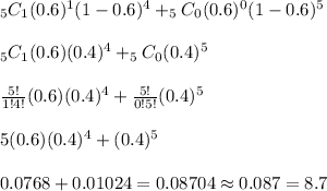 _5C_1(0.6)^1(1-0.6)^4+_5C_0(0.6)^0(1-0.6)^5 \\ \\_5C_1(0.6)(0.4)^4+_5C_0(0.4)^5 \\ \\ (5!)/(1!4!)(0.6)(0.4)^4+(5!)/(0!5!)(0.4)^5 \\ \\ 5(0.6)(0.4)^4+(0.4)^5 \\ \\0.0768+0.01024 = 0.08704\approx0.087=8.7%