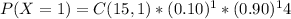 P(X = 1) = C(15, 1) * (0.10)^1 * (0.90)^14