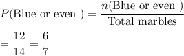 P(\text{Blue or even }) = \frac{n(\text{Blue or even })}{\text{Total marbles}}\\\\=(12)/(14)=(6)/(7)