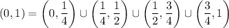 (0,1)=\left(0,\frac14\right)\cup\left(\frac14,\frac12\right)\cup\left(\frac12,\frac34\right)\cup\left(\frac34,1\right)