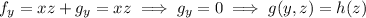 f_y=xz+g_y=xz\implies g_y=0\implies g(y,z)=h(z)