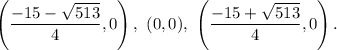 \left((-15-√(513) )/(4),0\right),\ (0,0),\ \left((-15+√(513) )/(4),0\right).